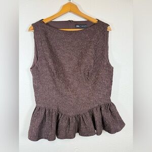 Zara Brown Sleeveless Jacquard Peplum Top XXL New